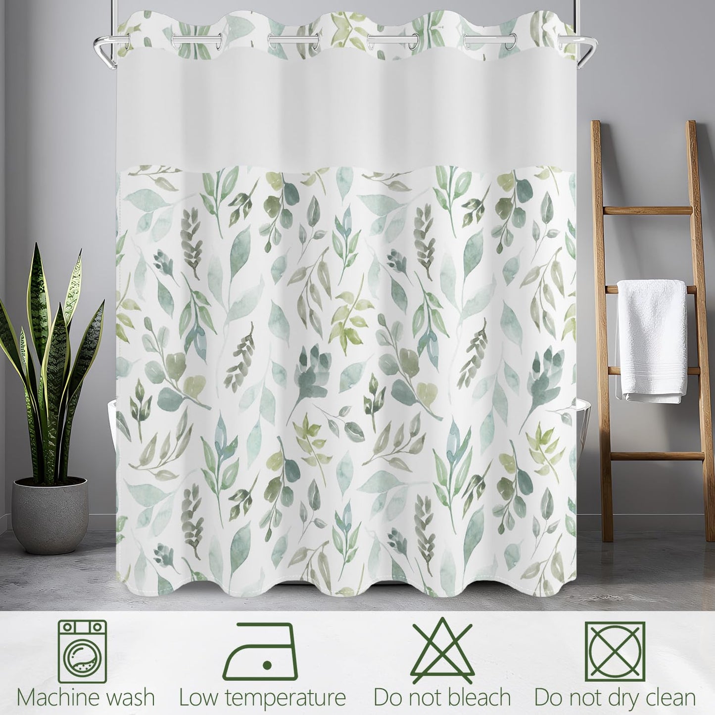 No Hook Shower Curtain with Snap in Fabric Liner Set, Waterproof & Washable, Boho Green Botanical Leaf Floral Shower Curtains for Bathroom, Rustic Modern Hotel Style Plant Bathroom Curtain, 71x74 inch