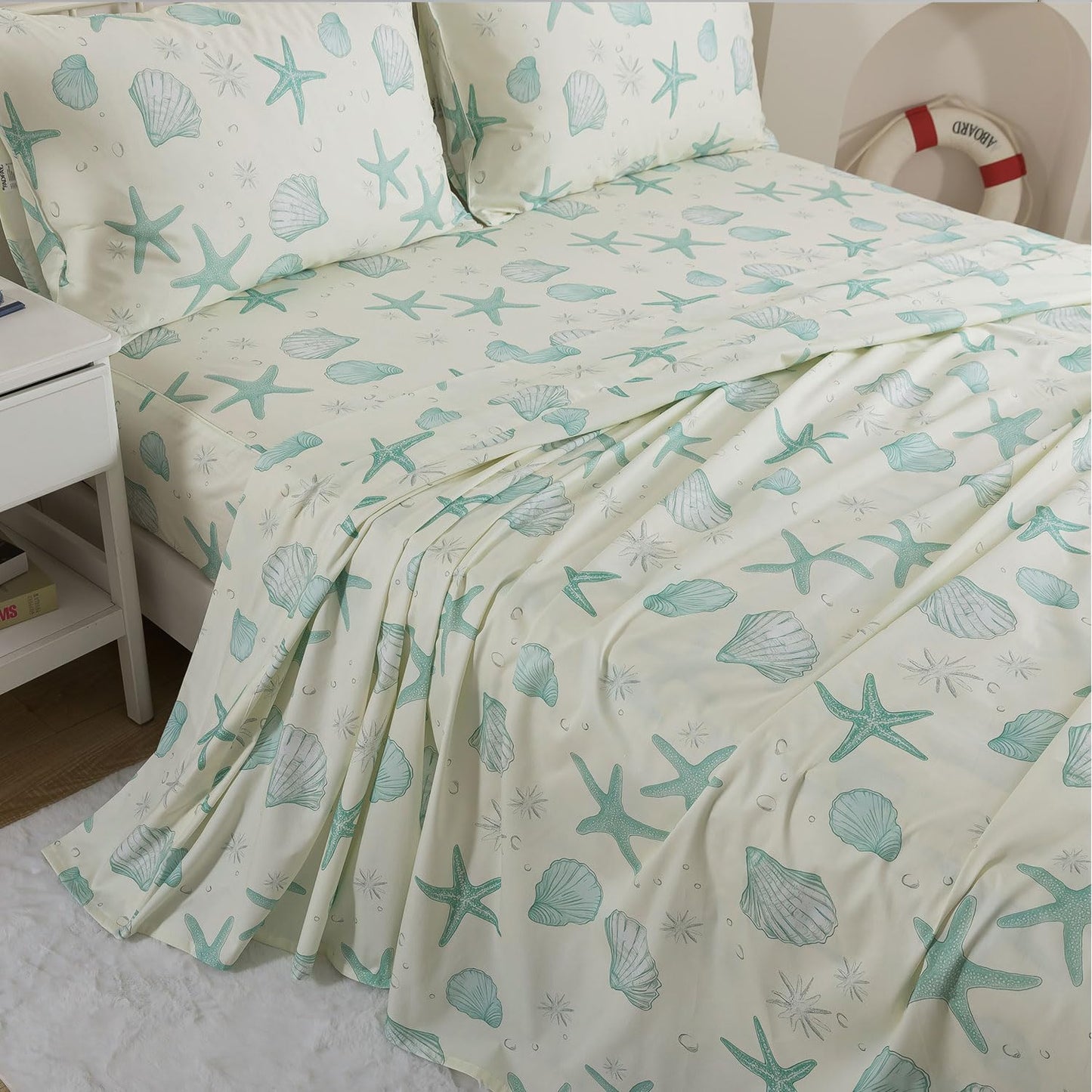 FADFAY 100% Cotton Coastal Sheet Set Queen – Ultra Soft Breathable Beach Bedding, Seafoam Green Starfish & Seashell Print, Ocean Themed Bed Sheets for Coastal Bedroom Decor, Deep Pocket, 4 Piece Set