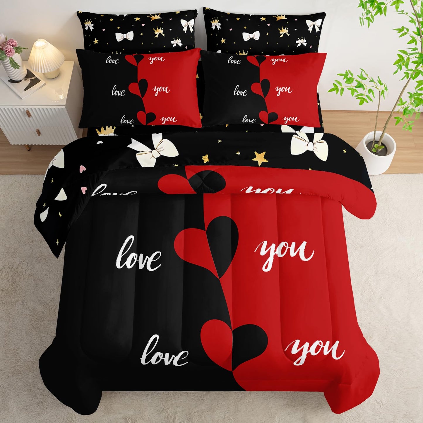 AILONEN Red Black Love Comforter Set Full Size,7-Piece Soft Bed in a Bag,Valentine Couples Printed Comforter & Fitted Sheet & Flat Sheet & 2 Pillowcases,2 Pillow Shams for Bedroom