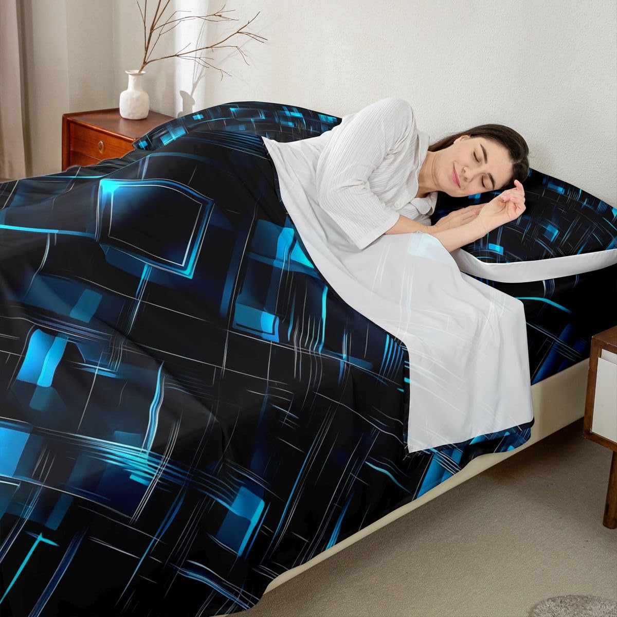 Feelyou Black Blue Bed Sheets Sets Queen Size Kids Boys Girls Geometric Checkered Bedding Set Abstract Stereoscopic Grids Bed Sheet Set with 16-Inch Deep Pockets 4Pcs with 2 Pillow Cases