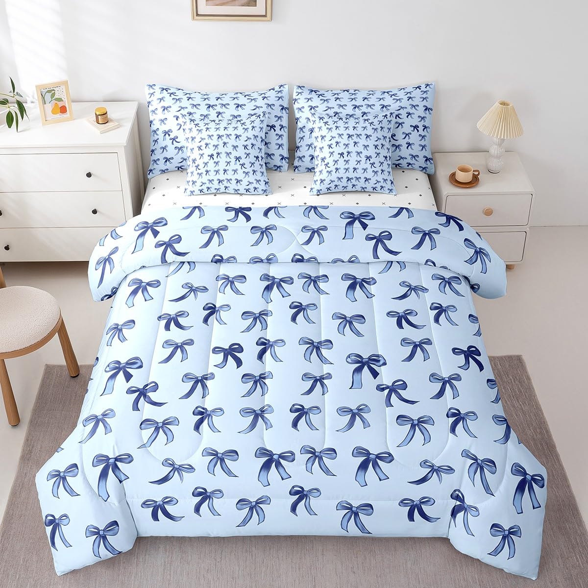 Erosebridal Blue Bow 7-Piece Bedding Set Twin Size Teen Girl Coquette Bow Comforter Set with Sheets Modern Trendy Cute Bowknot Bed in A Bag for Preppy Princess Fashion Bowknot Quilt Duvet Bed Sets