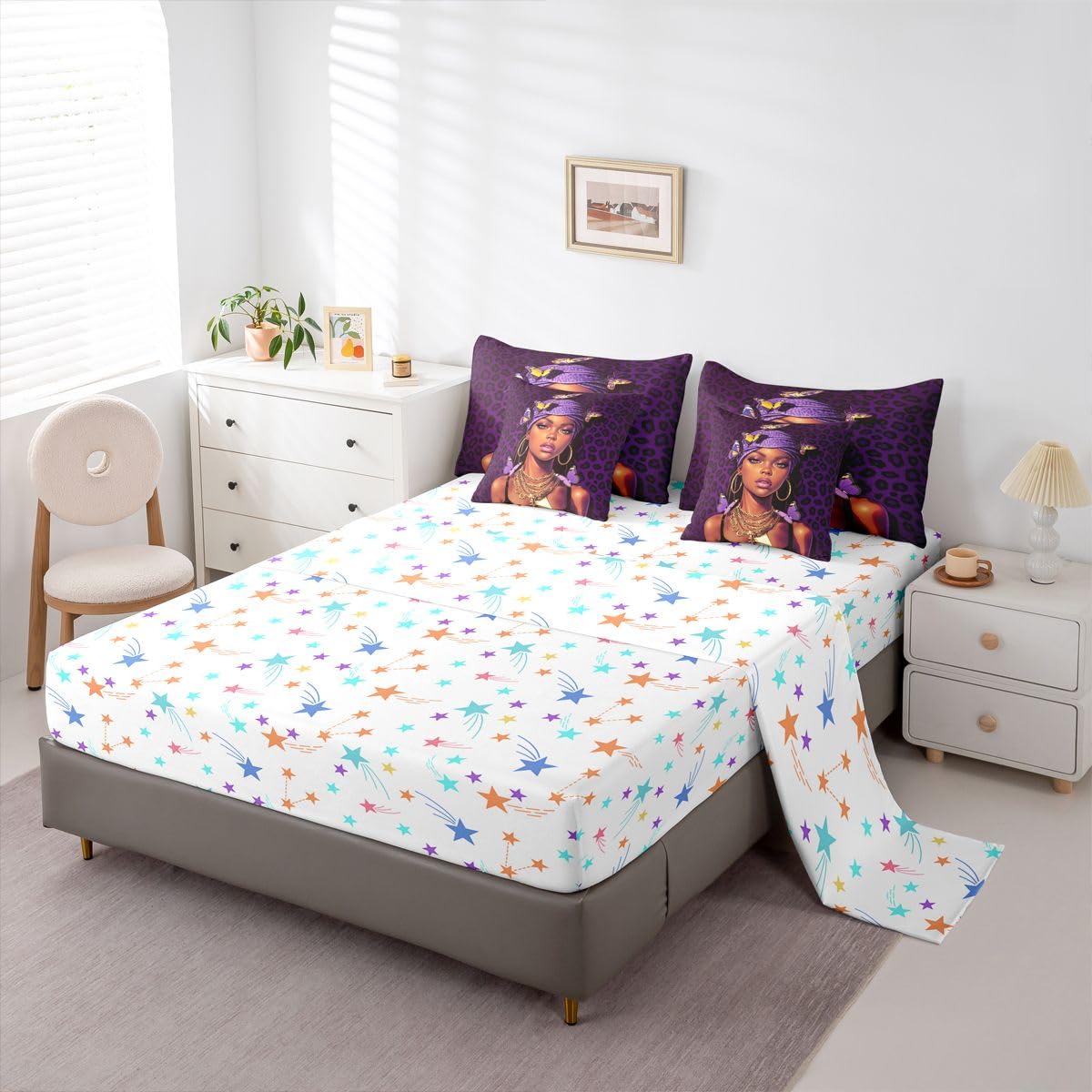Erosebridal Black Girls Magic Queen Bedding Set Dark Purple Leopard Print Comforter Set Women Teen Coquette Butterfly 7-Piece Bed in a Bag Stylish Cheetah Headwrap Quilt Sets