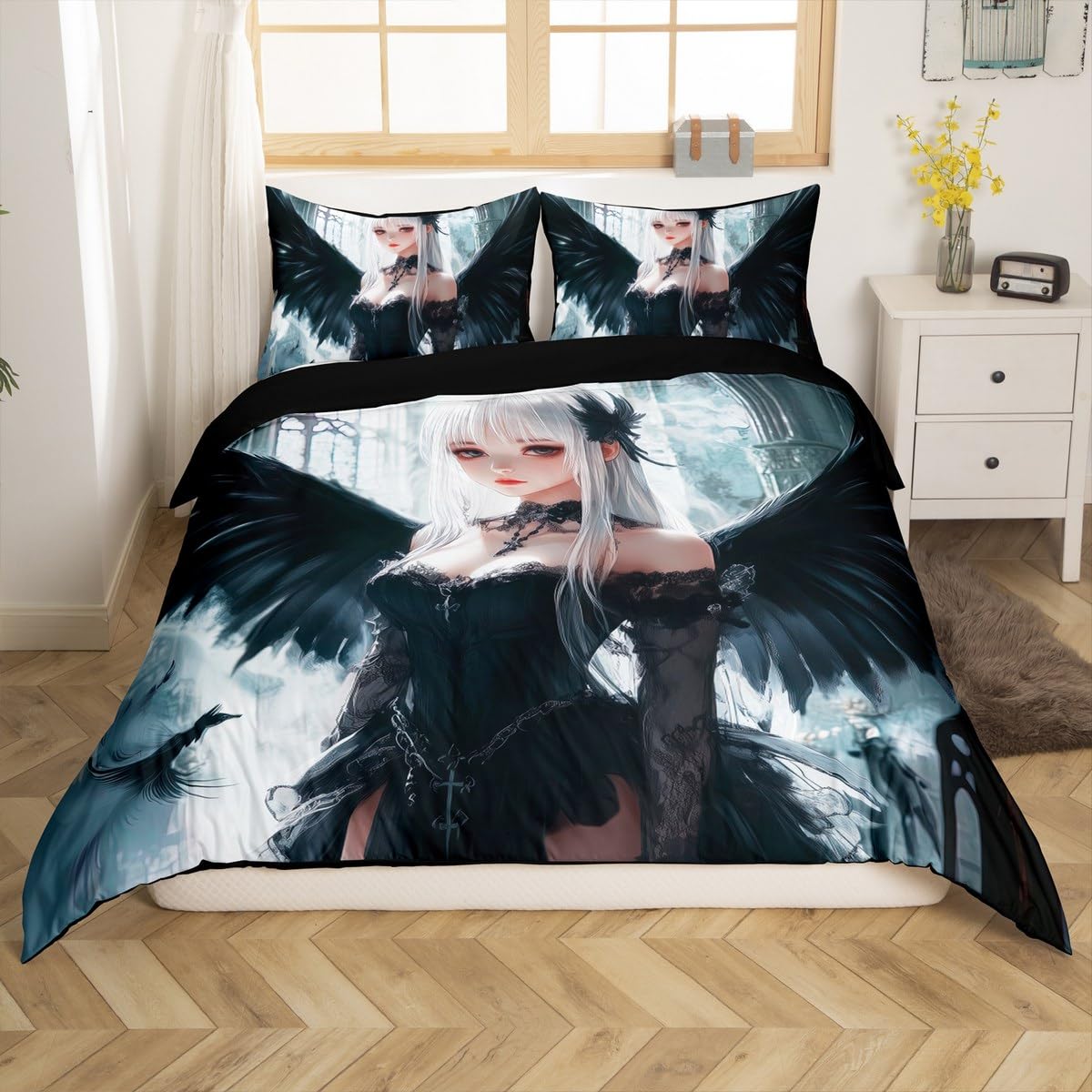 Erosebridal Anime Girl Duvet Cover Full Size, Kawaii Japanese Anime Bedding Set for Kids Boys Teens Adult, Cartoon Girl Comforter Cover Japan Animation Bedroom, Machine Washable, Black White