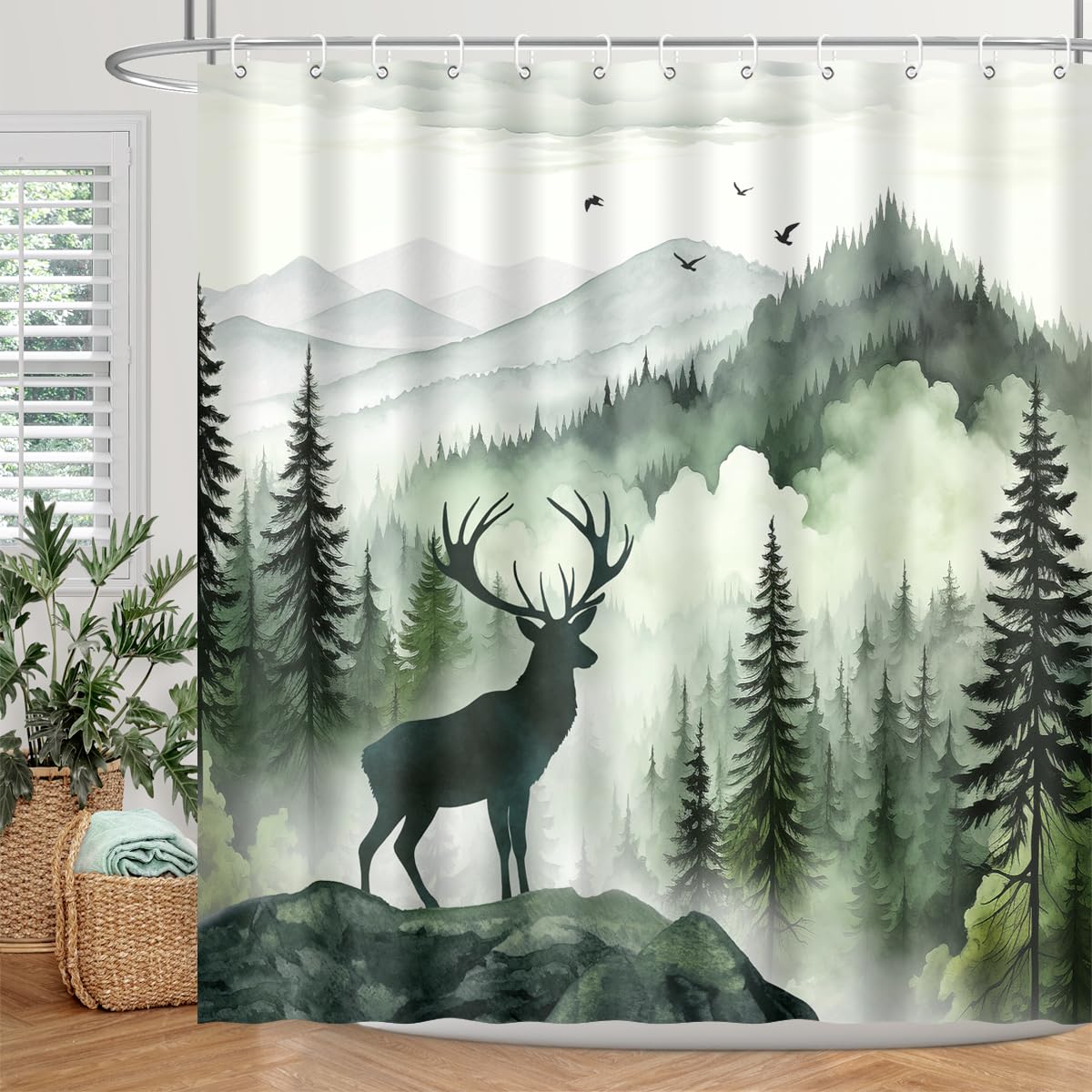 BIYSUC Misty Forest Deer Shower Curtain Nature Mountain Landscape Woodland Animal Bathroom Home Decor Waterproof Polyester Fabric 72Lx72W Inch with Hooks