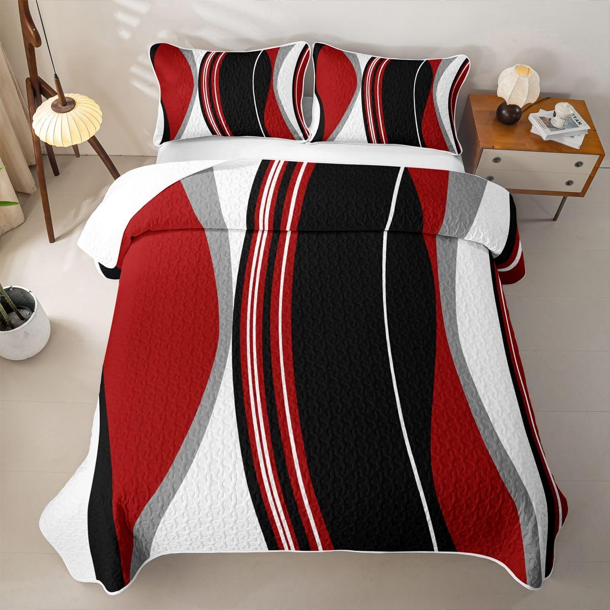 Erosebridal Red and Black Striped Quilt Twin Grey Modern Abstract Quilt Set Geometric Stripes Lines Quilted Bedspread with 1 PillowcaseContemporary Art Boho Coverlet
