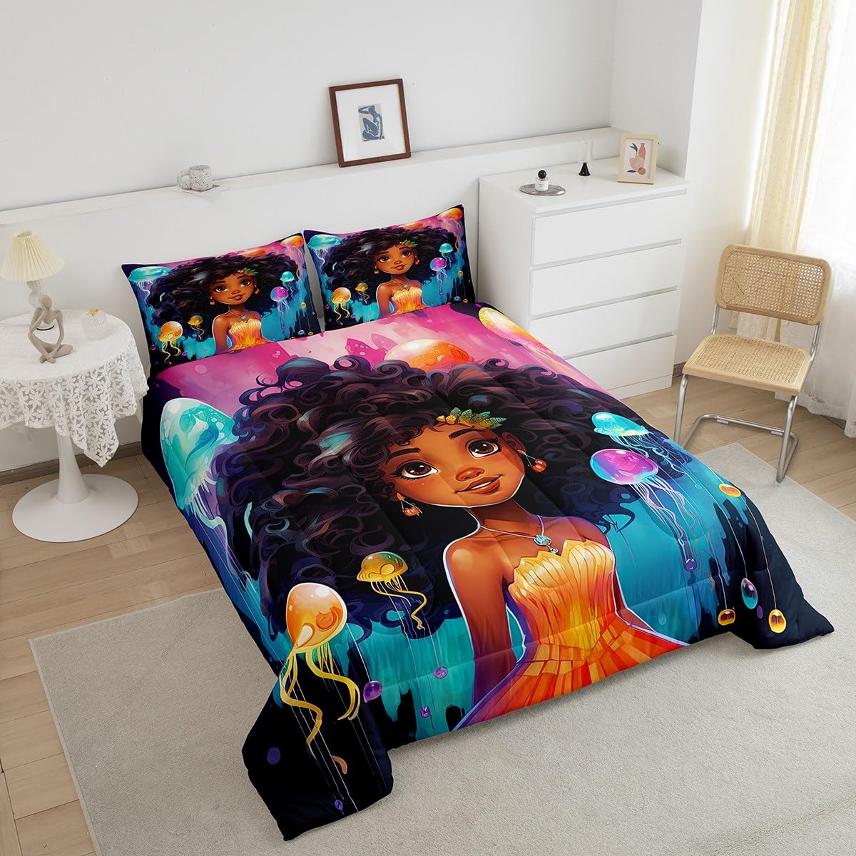 Erosebridal Black Girls Bedding Set Afro Girl Twin Comforter Set for Girls,American African Mermaid Princess Magical Quilt for Toddler Kids Teenager,Jellyfish Kawaii Room Decor