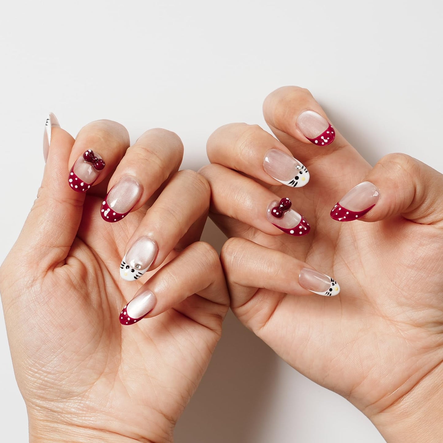 Tesytto Handmade Press on Nails Short Oval – Kawaii Cat Face 3D Bow Rhinestone Charm, Burgundy Gray Glitter French Tip False Nails, 10 Pcs Reusable Acrylic Nails (Cute Cat Polka,M)