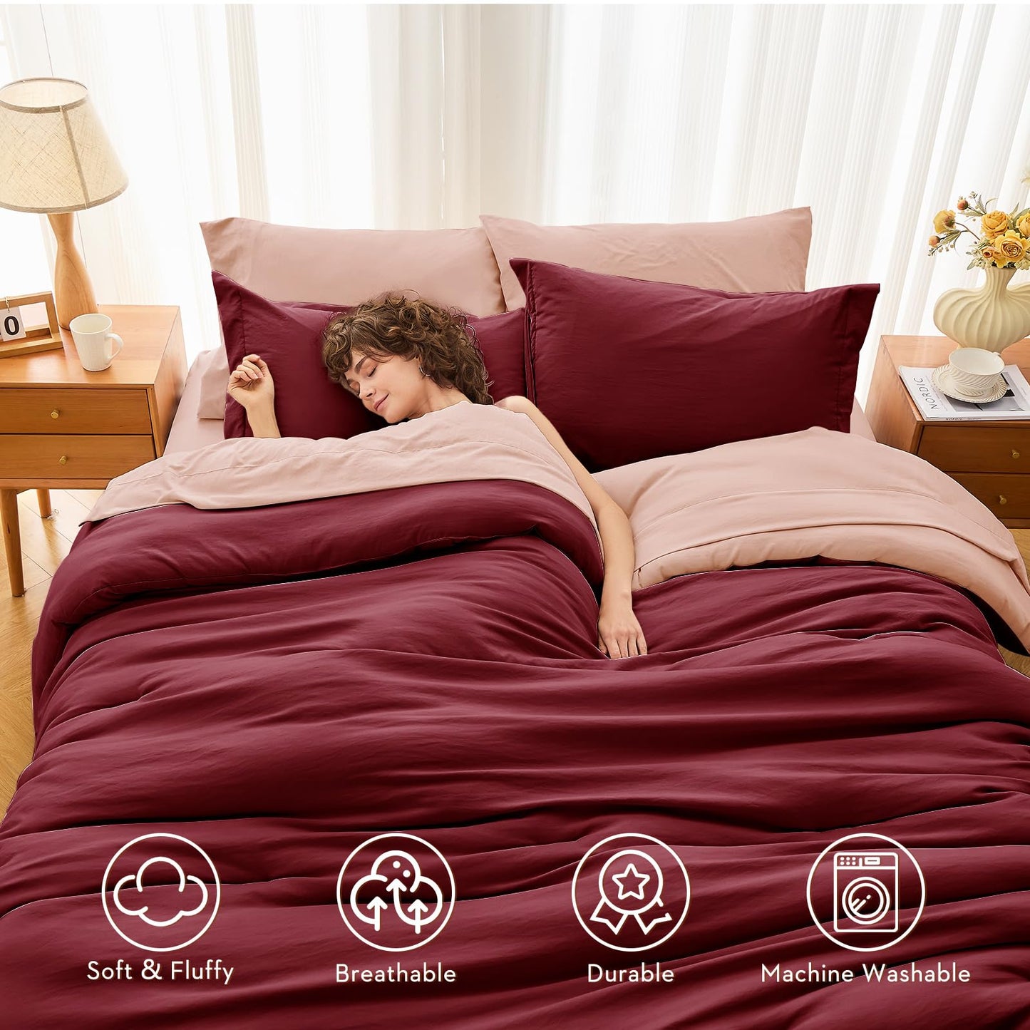 MUXHOMO 7 Pieces King Comforter Set, Soft Bed in a Bag King Size, All Season Bedding Set with Comforter, Flat Sheet, Fitted Sheet, Pillowcases & Shams, Burgundy & Rose Gold