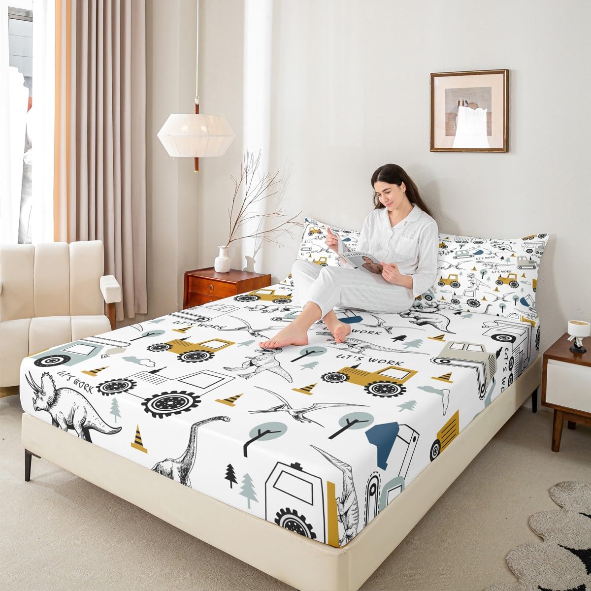 Construction Sheet Set Full Size Kids Cartoon Car Excavator Tractor Toddler Sheets with Deep Pocket Fitted Sheet Equipment Trucks Dinosaur Bed Sheets Set Construction Vehicles White Yellow Bedding Set