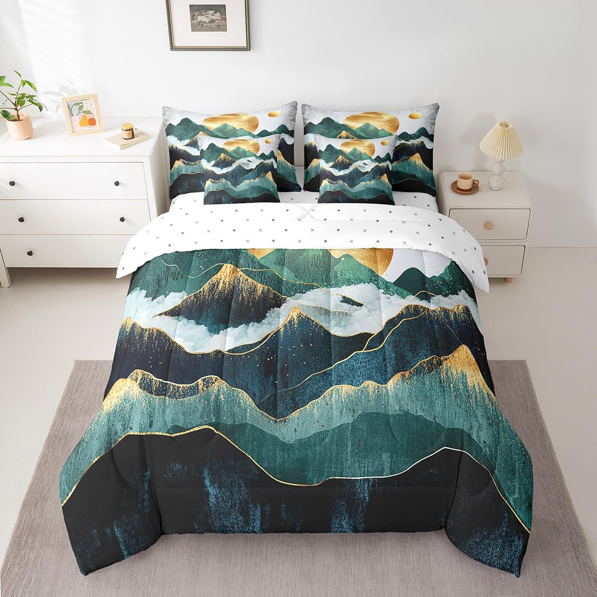 Erosebridal Smoky Mountain Comforter Set 7 Piece Bed in a Bag Twin,Gold Sun Bedding Sets Landscape Natural Scenery Art Sheet Set with Comforter,Mid Century Abstract Minimalism Bed Set