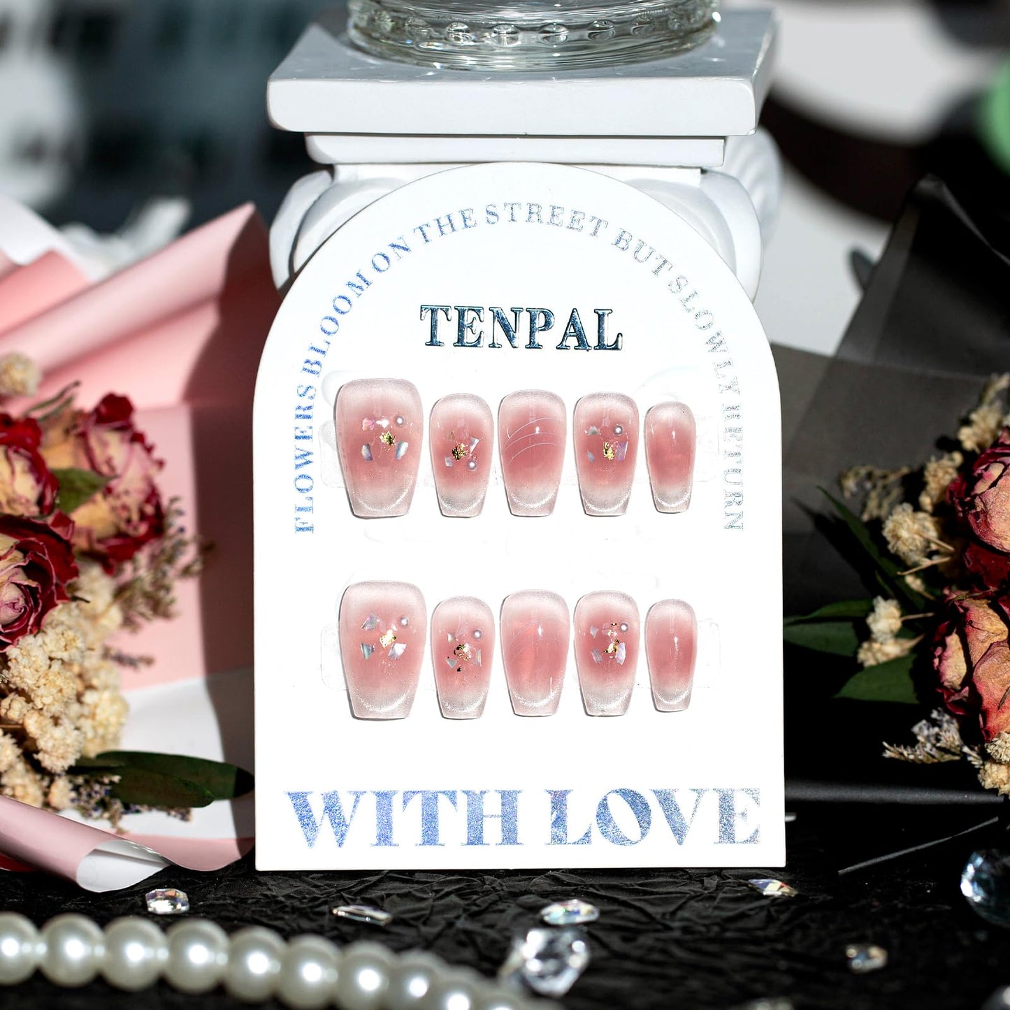 TENPAL 10Pcs Handmade Press on Nails with Kit | Pearl Blush Cat Eye Coffin Nails | Gold Leaf & Mother-of-Pearl Gradient Fake Nails Press ons | K-Beauty Sweet Detachable Pink Glue on Nails Set(XS)