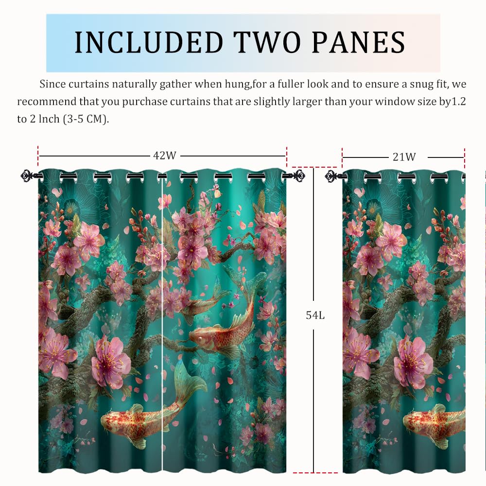 XSUPFLYM Classic Asian Japanese Fish Privacy Perforated Curtains Traditional Aesthetic Spring Underwater Fish Plant Cherry Blossom Curtains Top Grommets Window Treatment 2 Panels.Each 21" W x 54" L