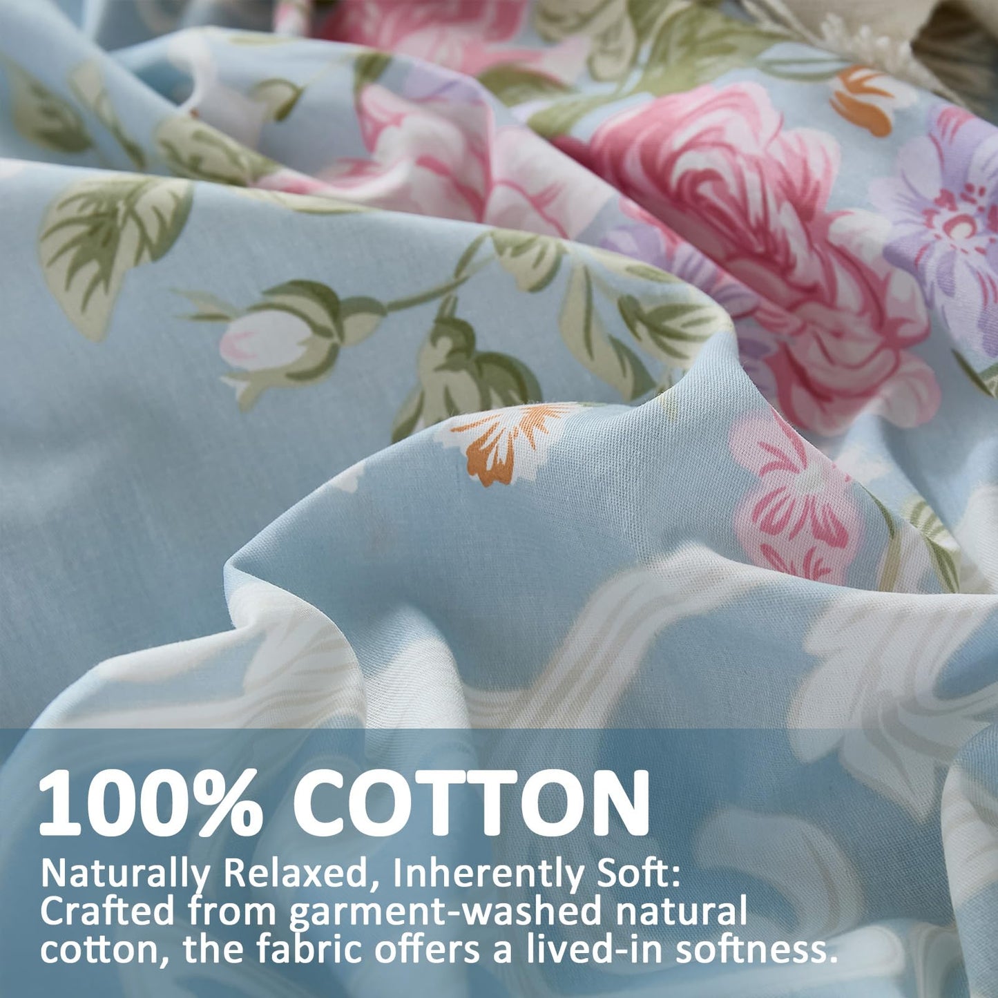 Cozaline Floral Duvet Cover Set King Size 100% Nature Cotton Blue Comforter Cover with Pink Floral, 3 Pieces Breathable & Soft Aesthetic Bedding Set with Zipper Closure