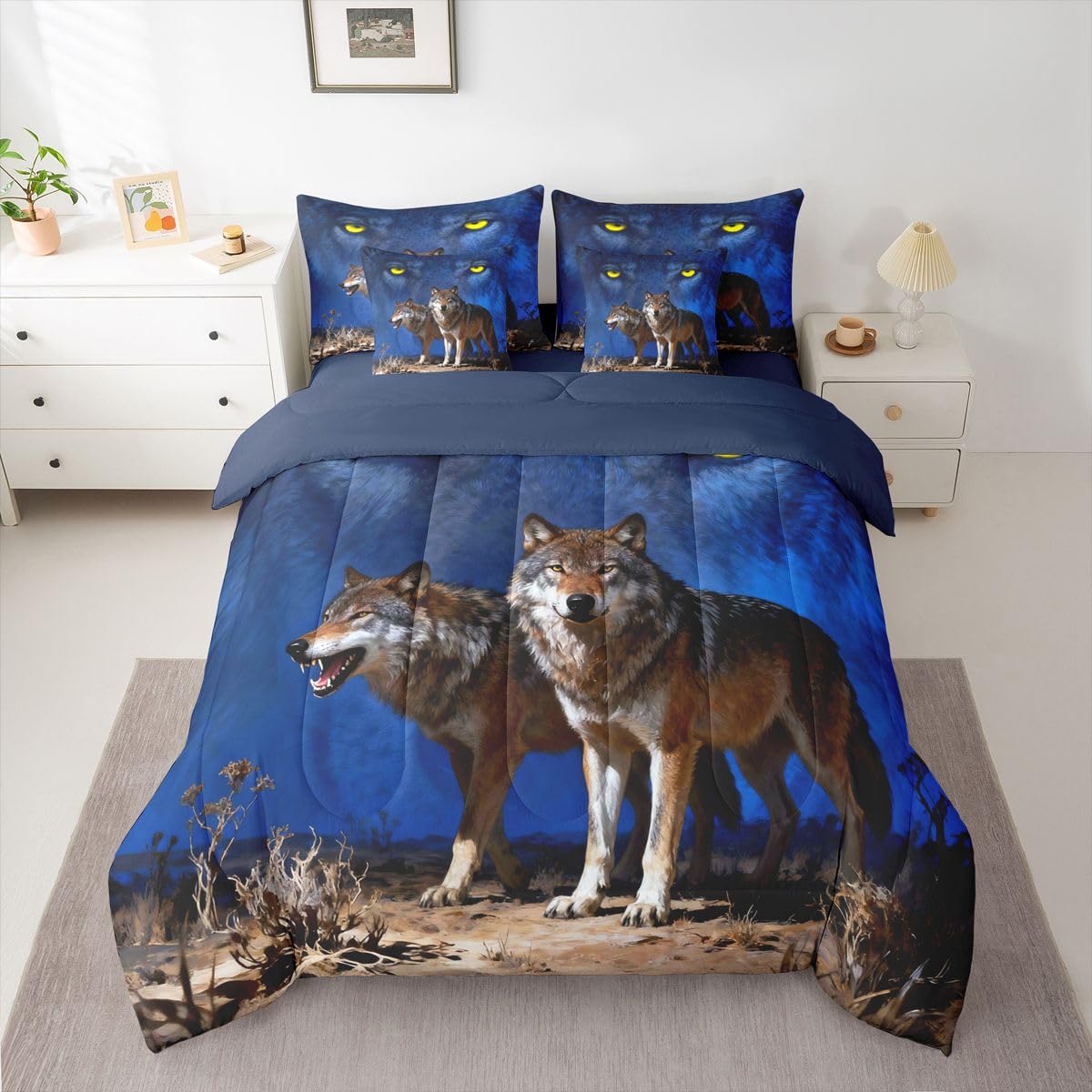 Feelyou Wolf Comforter Set Queen Size 7 Pieces Wolves Howling Bedding Set for Kids Boys Girls Western Farmhouse Bed in a Bag with Comforter, Sheets, Pillowcases, Cushion Covers Wild Animal
