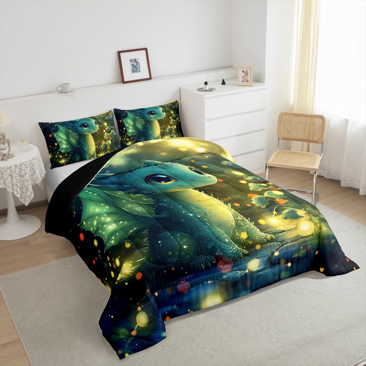 Feelyou Dragon Comforter Set Twin Size Dragon Stuff Comforter for Boys Girls Teens Kawaii Bedding Set Room Decor Bright Green Quilt Set