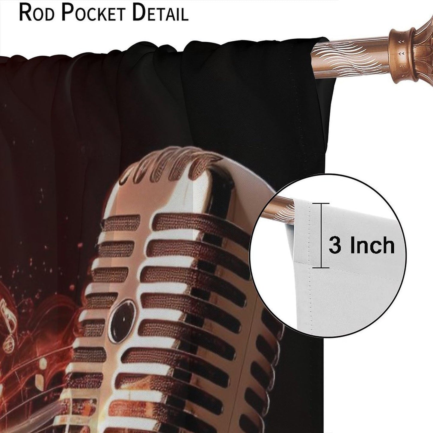 wlsgdsg Music Curtains Retro Cool and Trendy 3D Flame Art Microphone Music Notes Windows Treatments Rod Pocket Drapes for Kids Boys Girls Living Room Bedroom 42x44.5In（No Blackout）