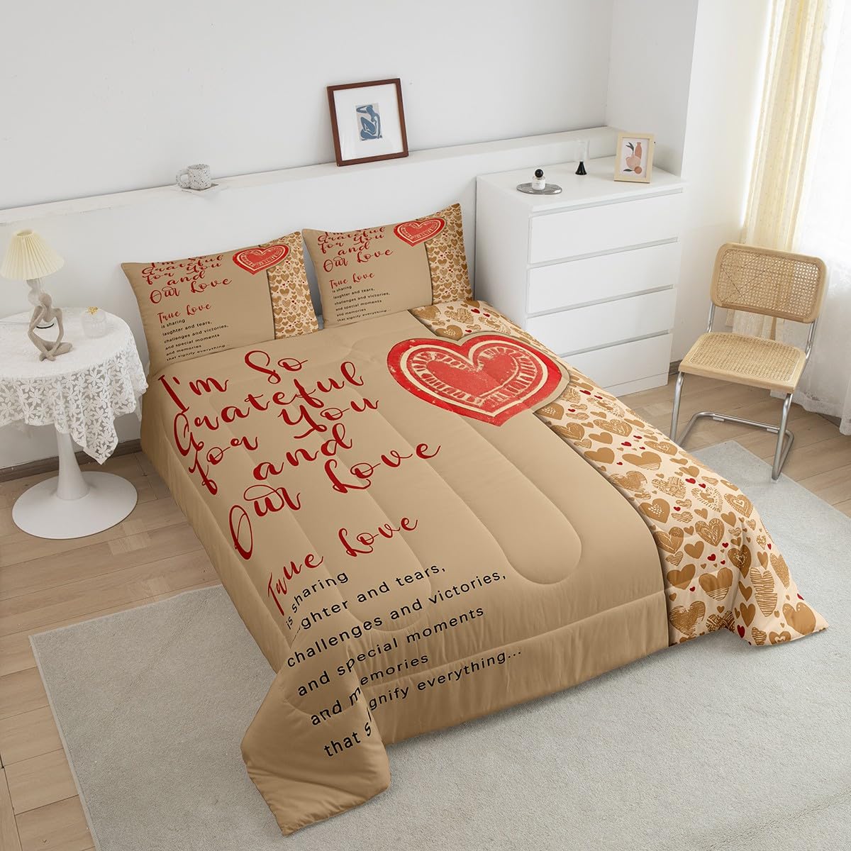 Erosebridal Valentine Gifts Comforter Set Queen for Couple,Romantic Motto Bedding for Women Men Adults,Cartoon Love Hearts Down Comforter,True Love Bedding Comforter Sets