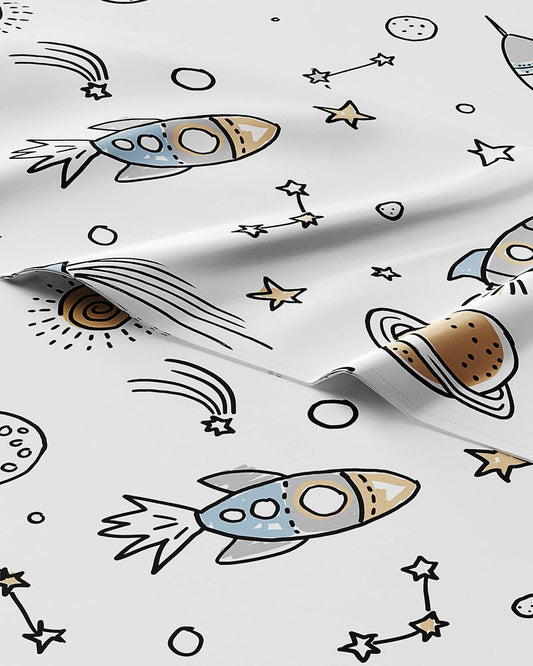 Kids Queen Size Bed Sheet Set - 4 Piece Kids Loft Bed Sheets - Space Galaxy Theme bedding - Soft, Cute - Breathable and Machine Washable - Spaceship Rocket Bed Set for Boys, Girls, Teens and Toddlers