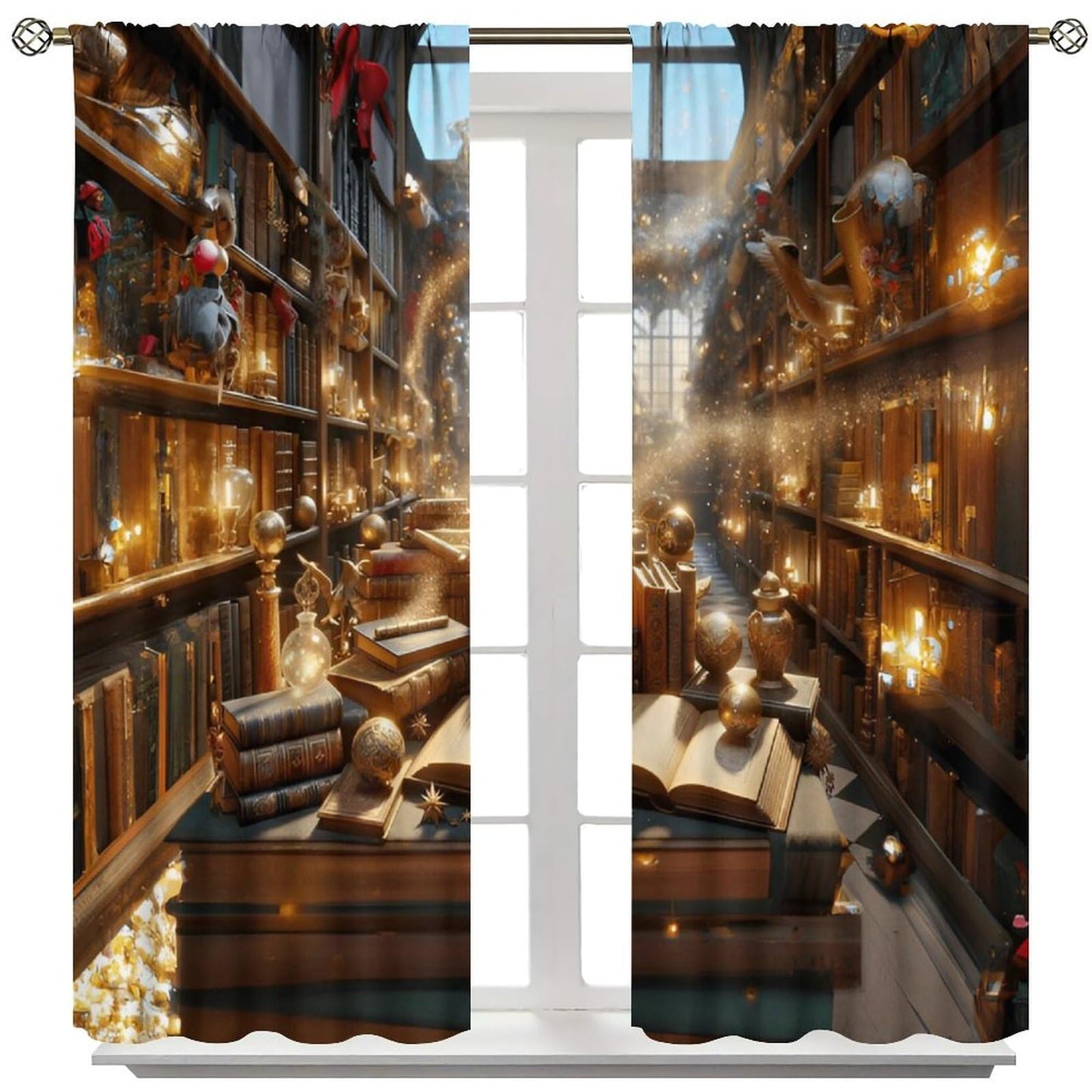 Nsbul Magical Wizarding Library Curtains, Retro Mid Century Books Bookshelf Fantastic Window Treatment for Bedroom Living Room Office Study Decor, 42" W X 45" L(No Blackout)