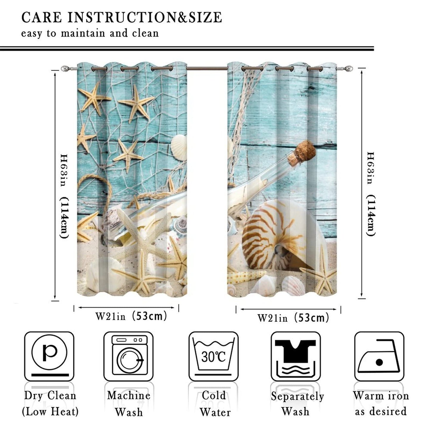 Kazynee Vintage Nautical Beach Theme Room Darkening Blackout Window Curtains with Grommets,Abstract Ocean Beach Fishing Net Starfish Theme Energy Efficient Window Treatment 2 Panels 45L x 21W