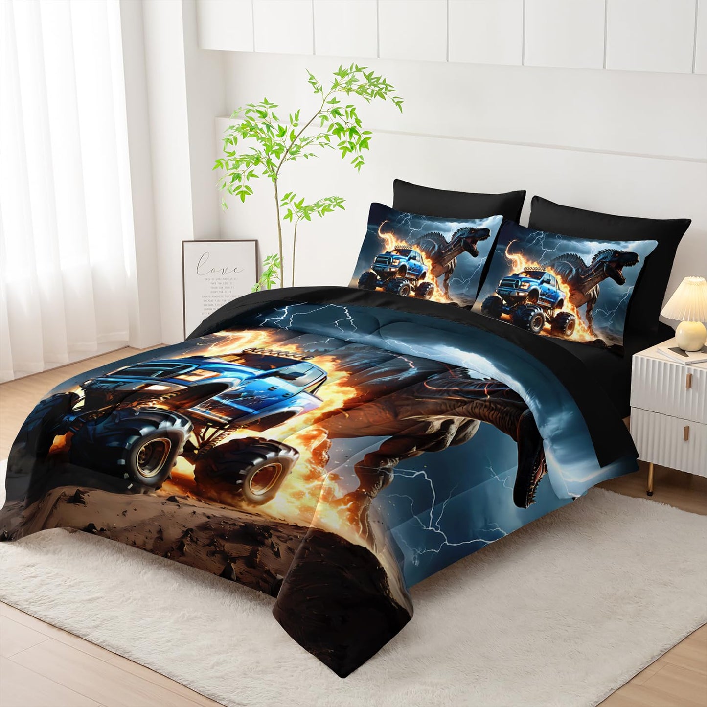 AILONEN Boys Dinosaur Comforter Set Full,7Pcs Cartoon Monster Truck Bed in a Bag for Kids,Soft Breathable,3D Printed Comforter & Fitted Sheet with Flat Sheet & 2 Pillowcases,2 Pillow Shams,Black
