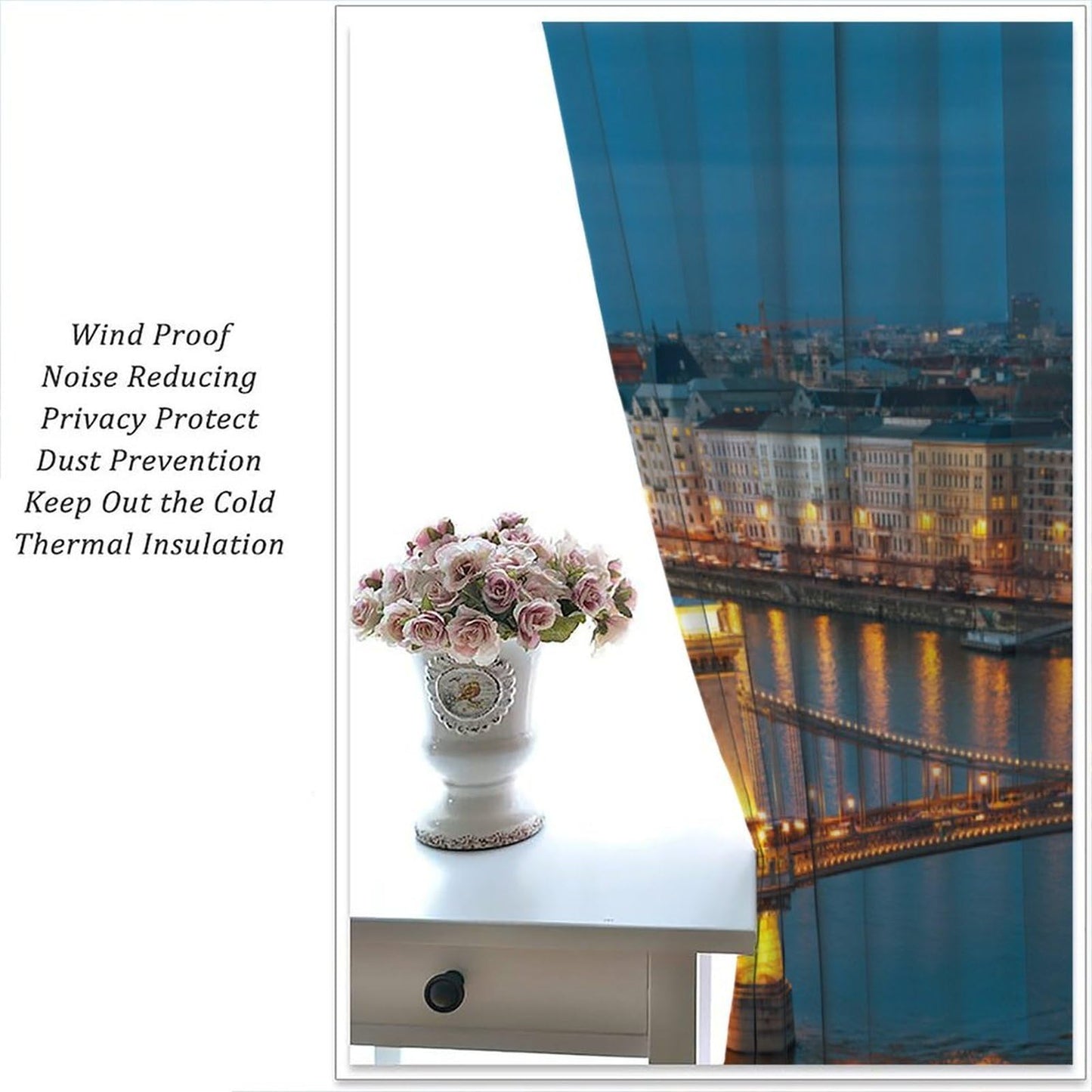 City Skyline Curtains, Blue Gold Bridge River Night View Print, Rod Pocket Light Filtering Window Drapes for Living Room Bedroom, 20.5" W x 44.5" L, 2 Panels （No Blackout）