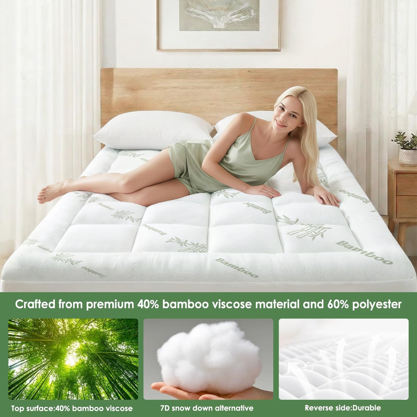 Queen Mattress Topper Viscose Derived from Bamboo, Cooling Thick Pillow Top Mattress Pad with Deep Pocket for 8"-21" Mattress, Soft Breathable Mattress Topper for Back Pain Relief, Green