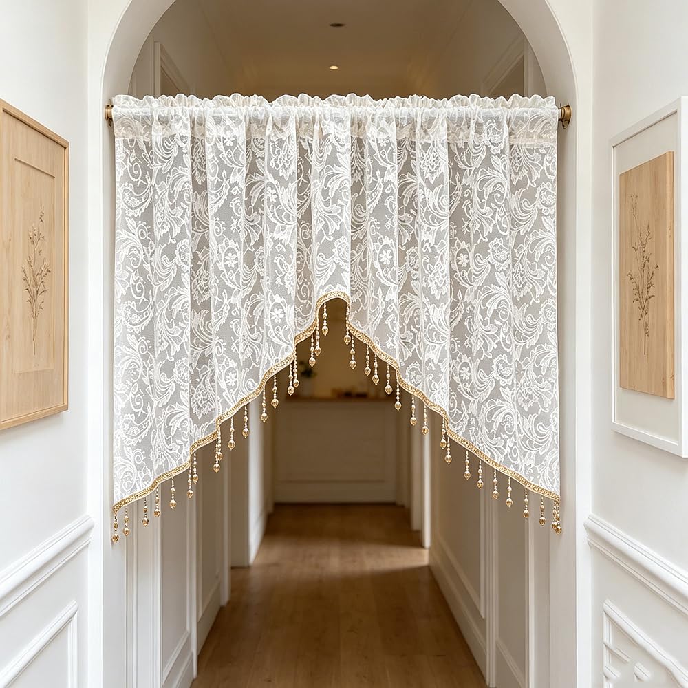 Luxury Victorian Floral White Lace Swag Valance for Arched Door
