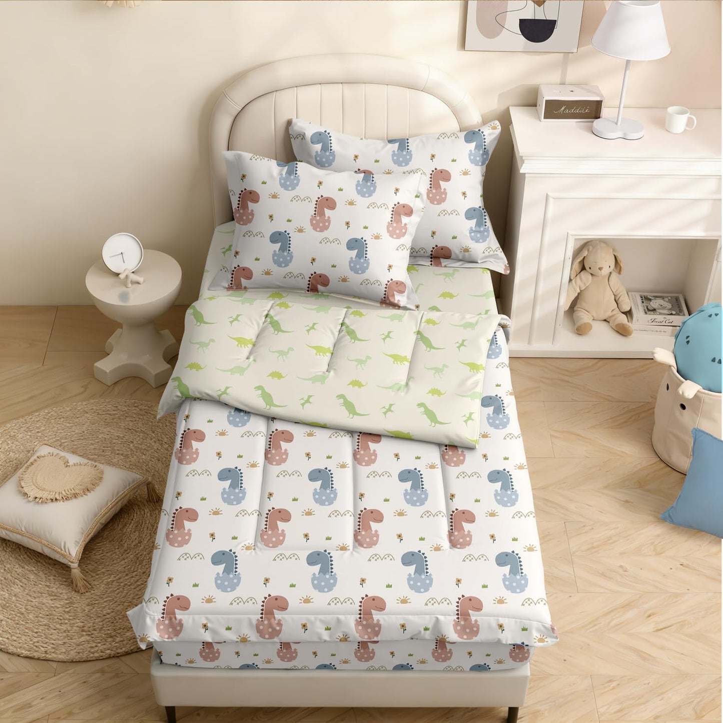 Yadangxiawa Kids Comforter Set,Zipper Bedding Twin for Boys,Dinosaur Printed Comforter Set with Cartoon Dinosaurs Fitted Sheets and Pillowcases for All Season(Dinosaur-B)