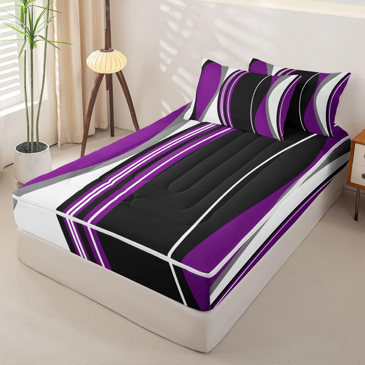 Erosebridal Purple Black Abstract Zipper Bedding Grey Modern Striped Twin Size Comforter Set Geometric Stripes Lines Sheets and Pillowcases Contemporary Art Boho Zipper Bedding Set Room Decor