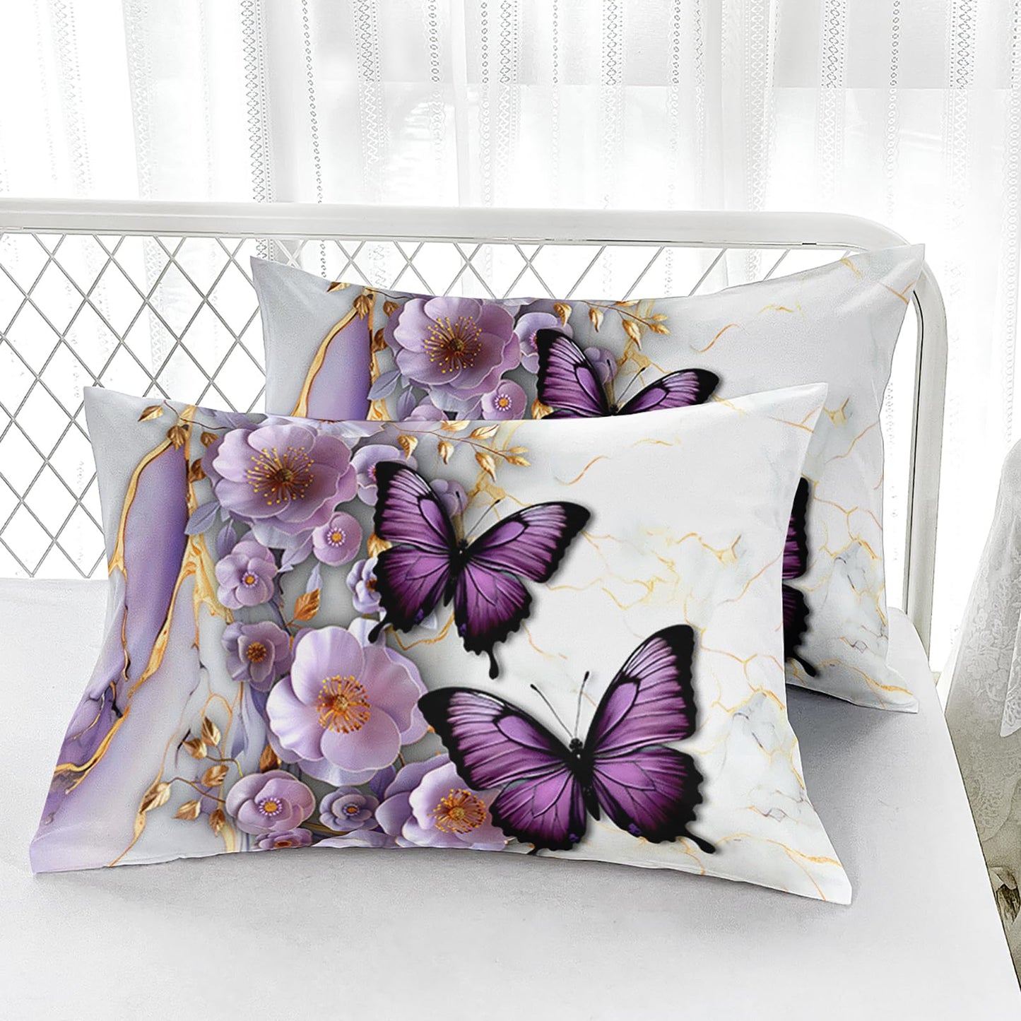 AILONEN Purple Floral Butterfly Fitted Sheet Set Full Size,Gold White Marble Flower Bedding Set for Kids Girls Women,1 Fitted Sheet with 2 Pillowcases-3 Pieces