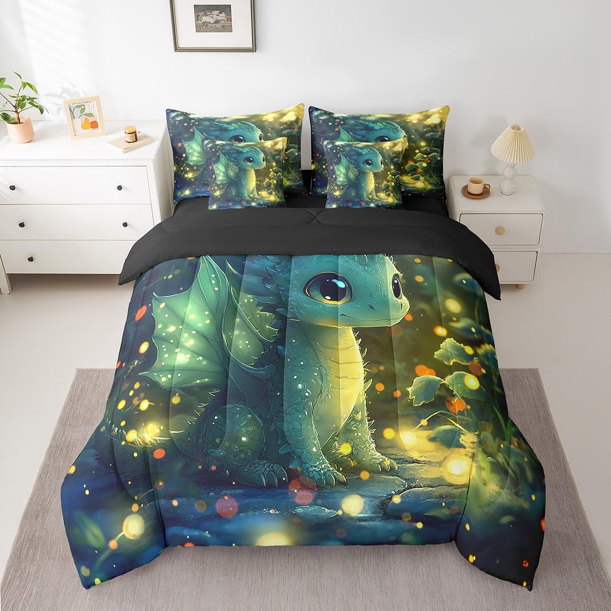 Feelyou Dragon Comforter Set with Sheets Twin Size Dragon Stuff Bed in a Bag for Boys Girls Teens Kawaii 7 Pieces Bedding Set Dragon Decor Bed Set Room Decor Bright Green