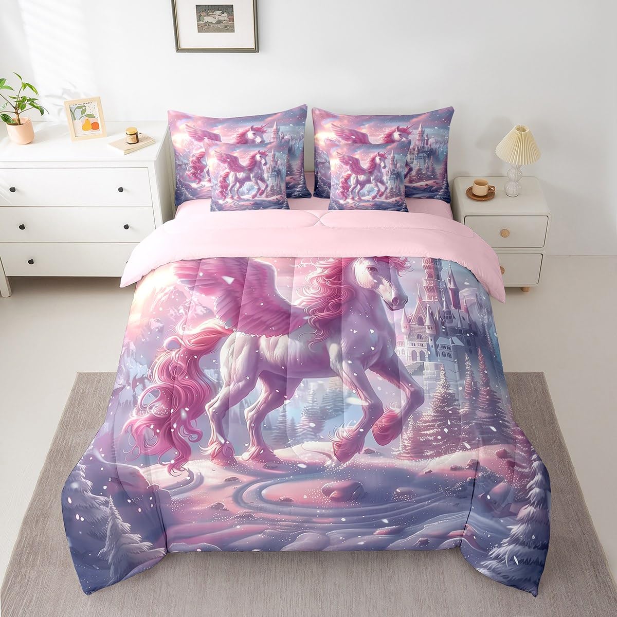 Erosebridal Pink Cartoon Unicorn Bedding Set 7Pcs,Dreamy Castle Comforter Set King for Kids Girls,Kawaii White Horse Quilt,Snow Mountain Tree Botanical Bed in a Bag