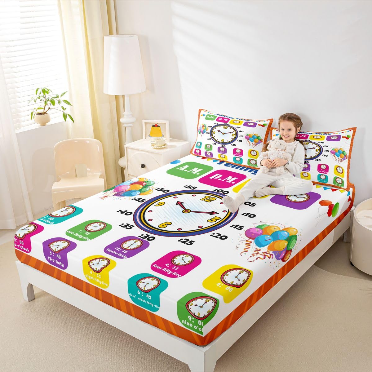 Educational Fitted Sheet Twin, Time Learning Bedding Set for Kids Boys Girls - Lightweight Bed Cover (No Flat Sheet)