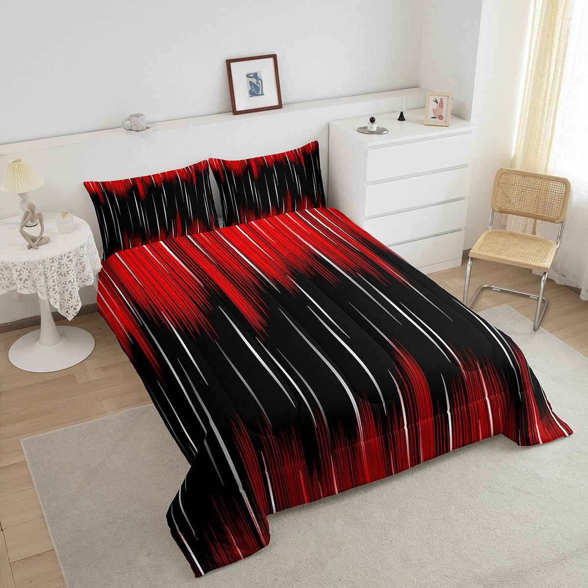 Feelyou Ombre Red Black Bedding Set Boys Girls Full Size Modern Reversible Comforter Set for Kids Ultra Soft Abstract Art Comforter Gradient Duvet Set Room Decor Quilt Set