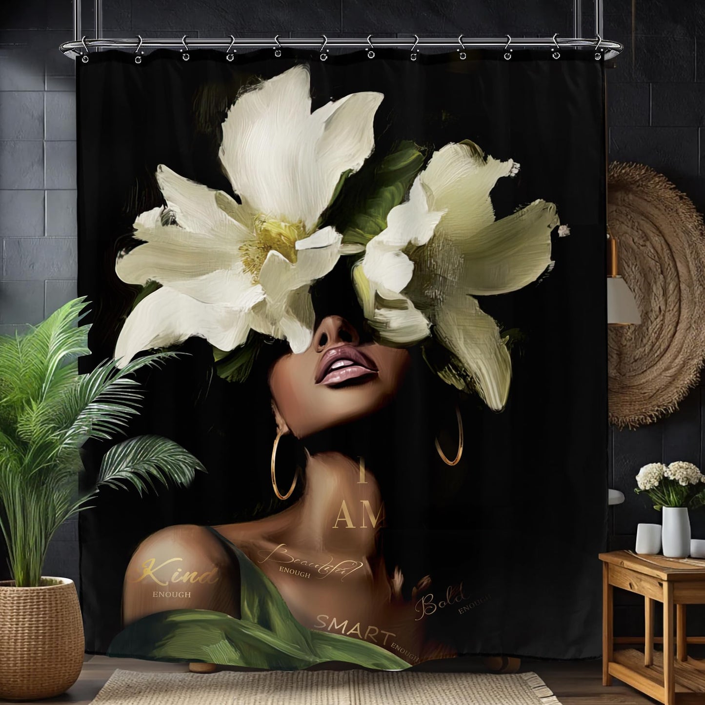 Yookeb African American Bathroom Shower Curtain 60W by 71H Inch Black Woman Girl Sexy Inspirational Motivational Positive Olive Green Polyester Fabric 12 Plastic Hooks Waterproof Decor