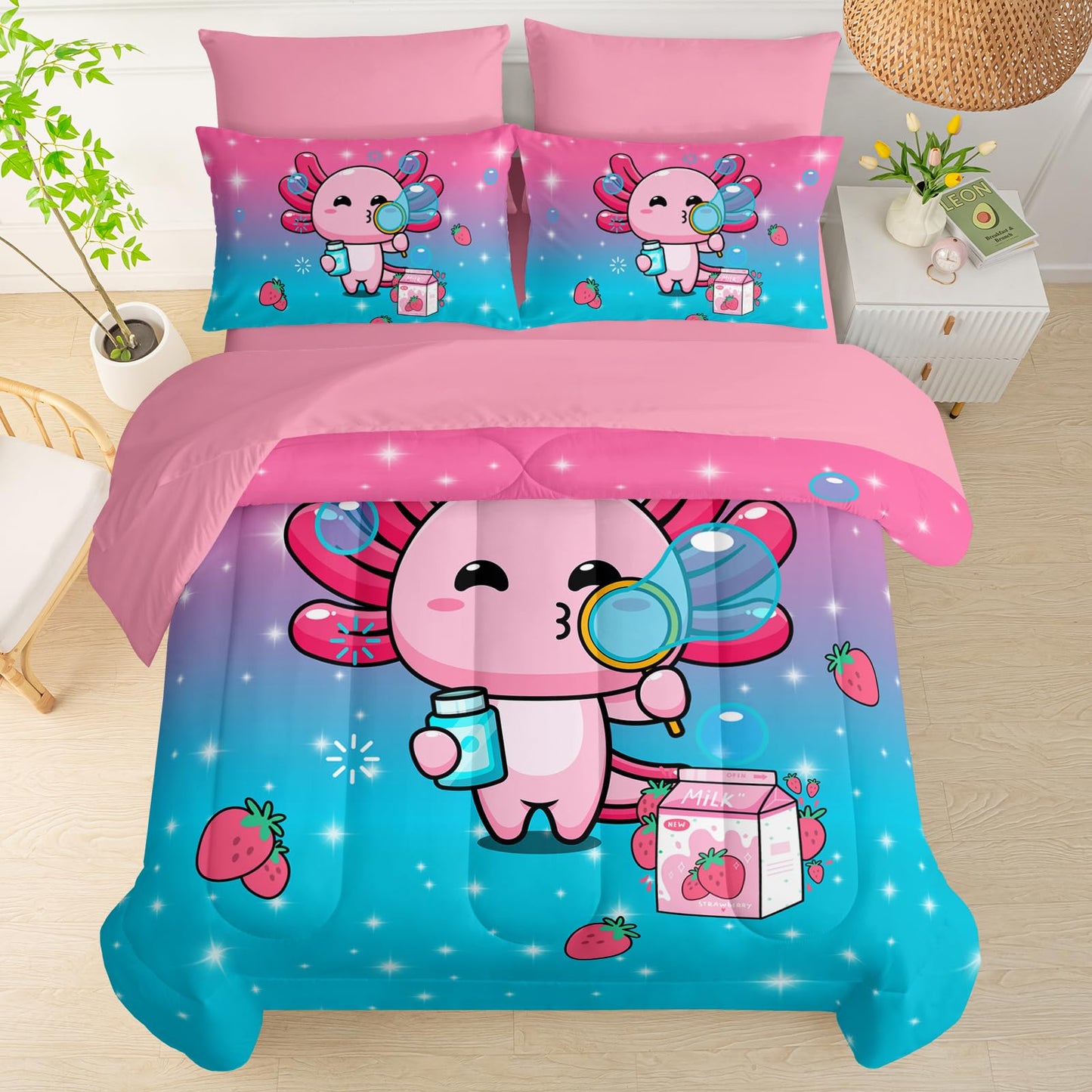 QOOMO Axolotl 7 Pieces Comforter Set Queen Size,Salamander Bedding Set for Kids-Include 1 Comforter,1 Fitted Sheet,1 Flat Sheet,2 Printing Pillowcases and 2 Pink Pillowcases