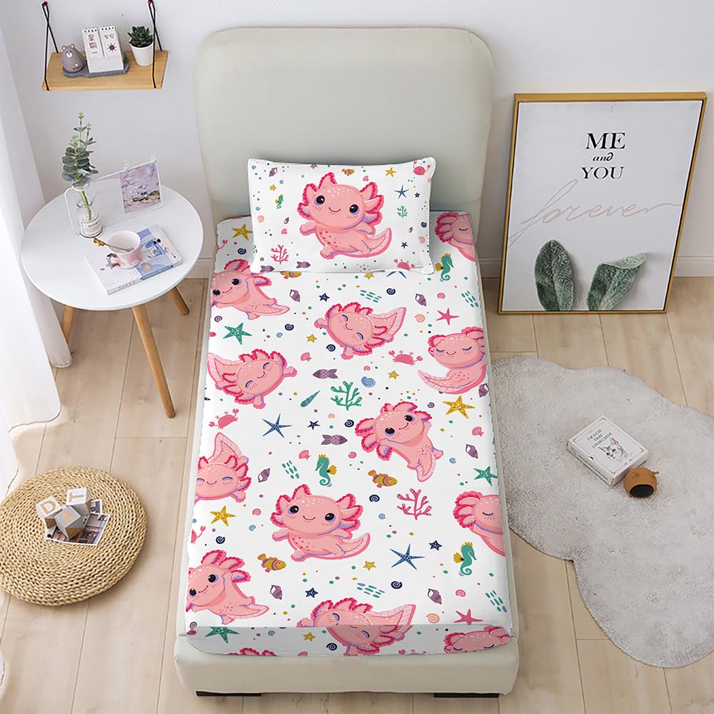 Gusuhome Girls Axolotl Sheet Set for Kids Twin Pink - 3D Kawaii Ocean Bedding Bed Set - Microfiber Super Soft Bed Sheets Set (1 Fitted Sheet 2 Pillow Cases)
