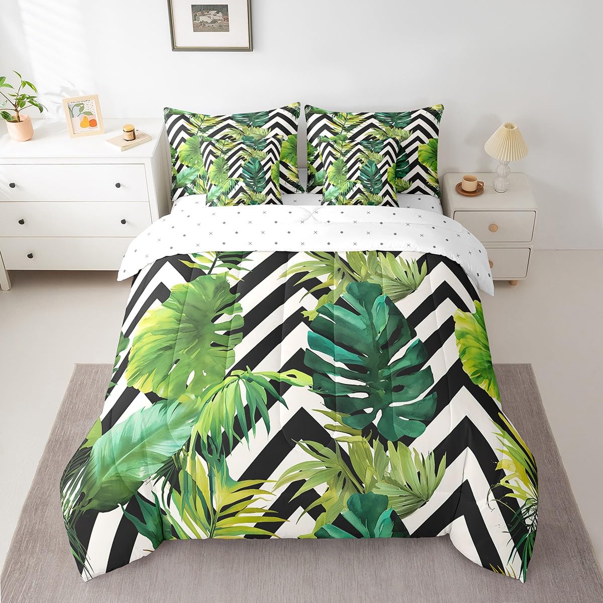 jejeloiu Tropical Leaves Comforter Set 7 Pieces Full Size Kids Black White Striped Bed in a Bag for Boys Girls Leaf Pattern Bedding Set Botanical,Comforter + Sheets + Pillowcases + Cushion Covers