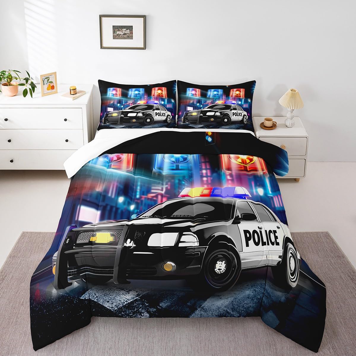 Feelyou Kids Police Car Toddler Bedding Set Policeman Boys Comforter Set for Adults Girls Black The Polica Vehicle Comforter Automobile Car Decor Quilt Set with 1 Pillowcase 2Pcs Bedding Twin