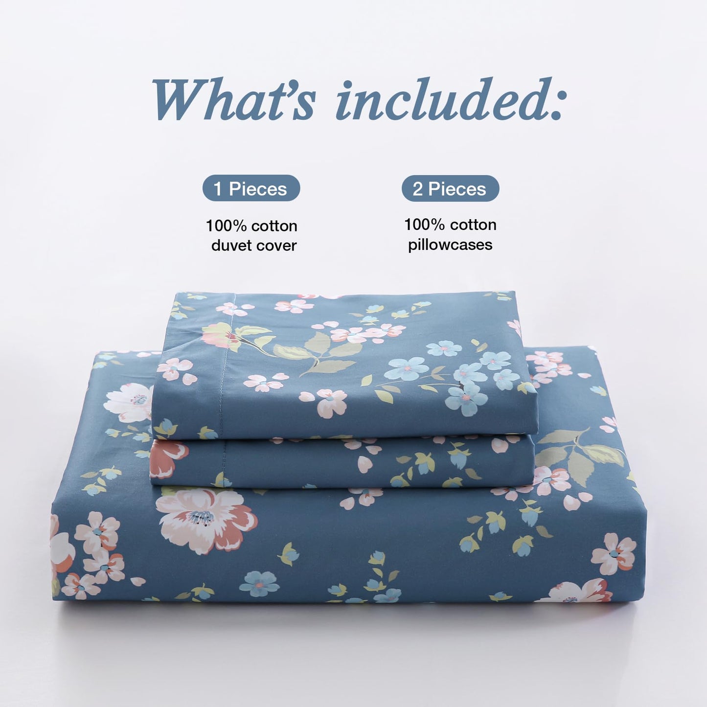 Ocharo Spring Floral 100% Cotton Duvet Cover King Size for Girls,Botanical Flowers Reversible Comforter Cover with Zipper Closure,3 Pieces Soft & Breathable Navy Pink Bedding Set for All Seasons
