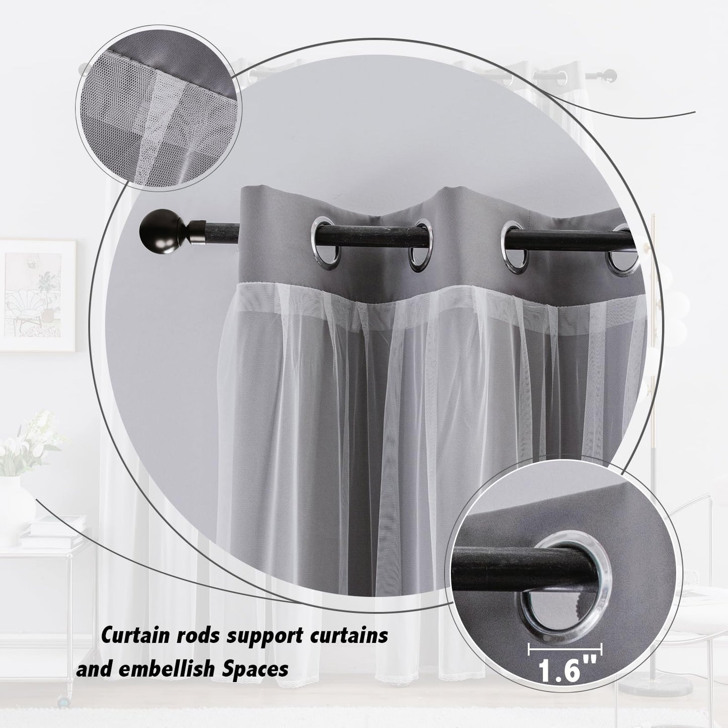 Anytime Home Curtains Blackout and Sheer Layered Solid Window Curtain Panel Pair with Grommet Top, 52Wx63L,Grey