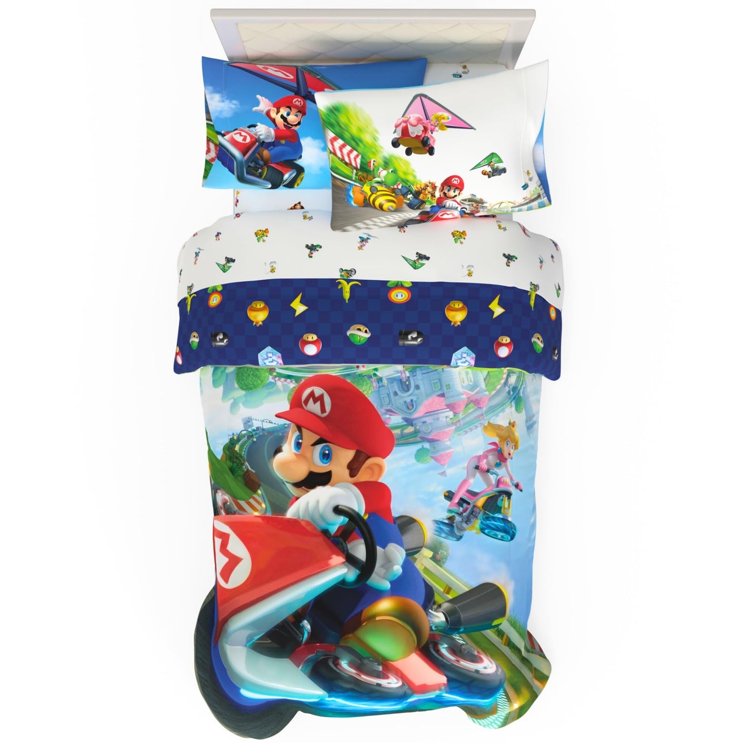 Super Mario Kart Game Kids Bedding Set, Twin Size, 4-Piece Super Soft Cozy Reversible Comforter & Sheet Set (Officially Licensed Product) by Franco
