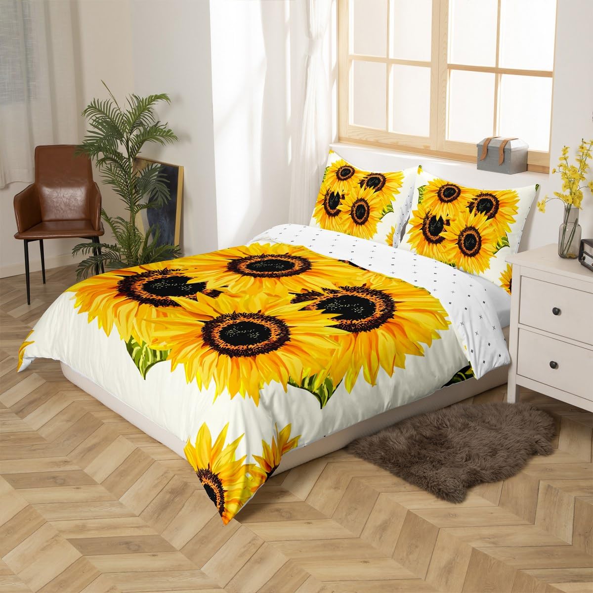 Homewish Sunflowers Bedding Set 3pcs Yellow Flowers Comforter Cover Yellow Sunflowers Printed Design Duvet Cover Set Botanical Bedspread Cover with 2 Pillow Cases(No Comforter) Queen Size