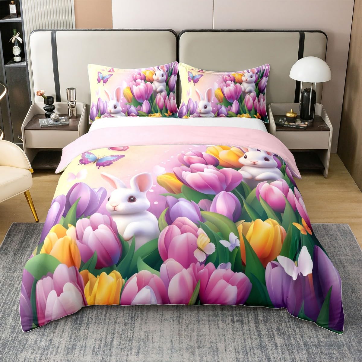 Erosebridal Pastel Tulip Comforter Cover Twin Size 100% Cotton Cover Spring Tulip Flowers Duvet Cover Pink Purple Garden Floral Bedding Set Cute Kawaii Rabbit Bed Set for Kids Boys Girls