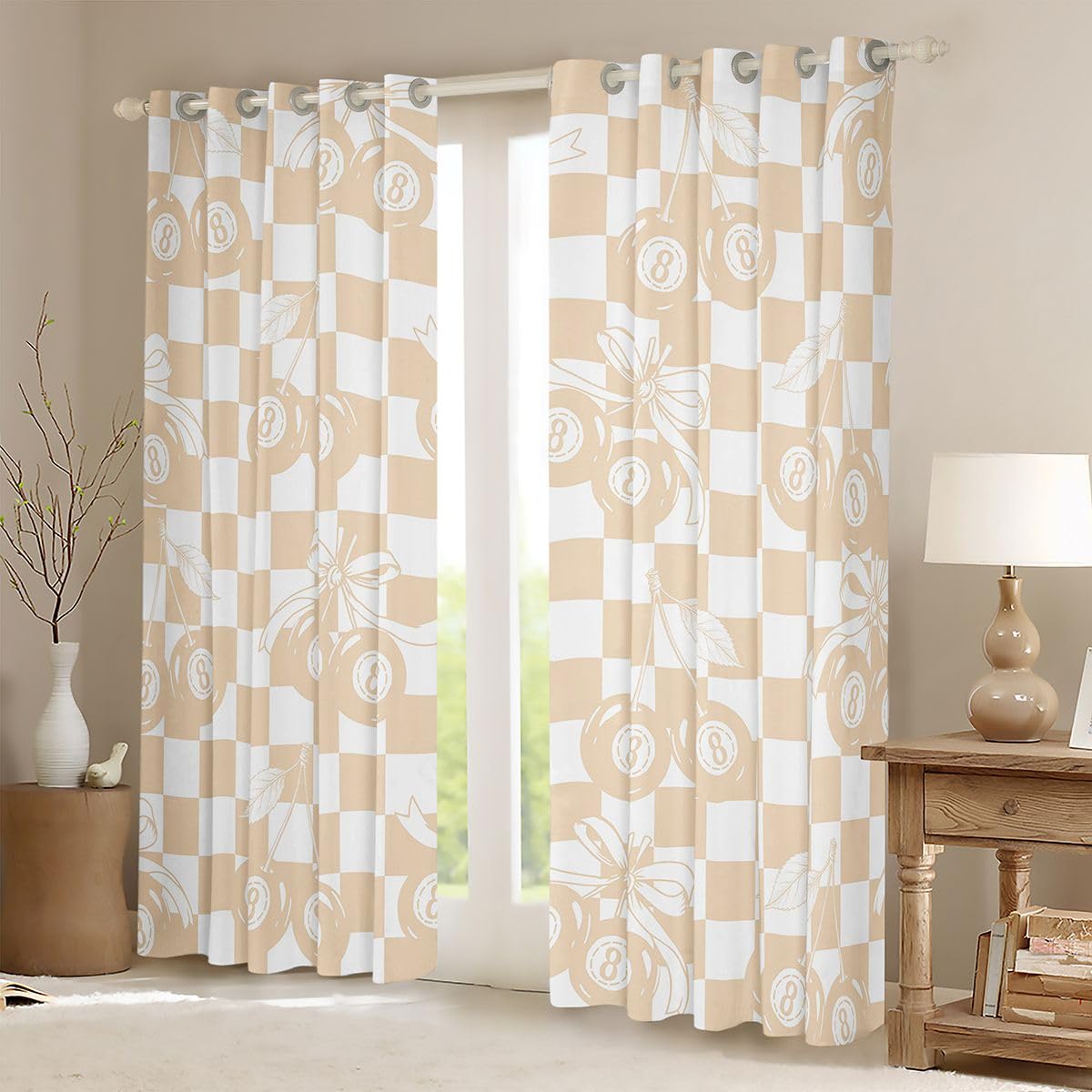 Erosebridal Lucky 8 Ball Window Curtains 42" Wx63 L Girly Fashion Y2K Blackout Curtains for Bedroom,Coquette Cherry Bow Window Treatments Preppy Beige Checkerboard Plaid Drapes Decor 2 Panels
