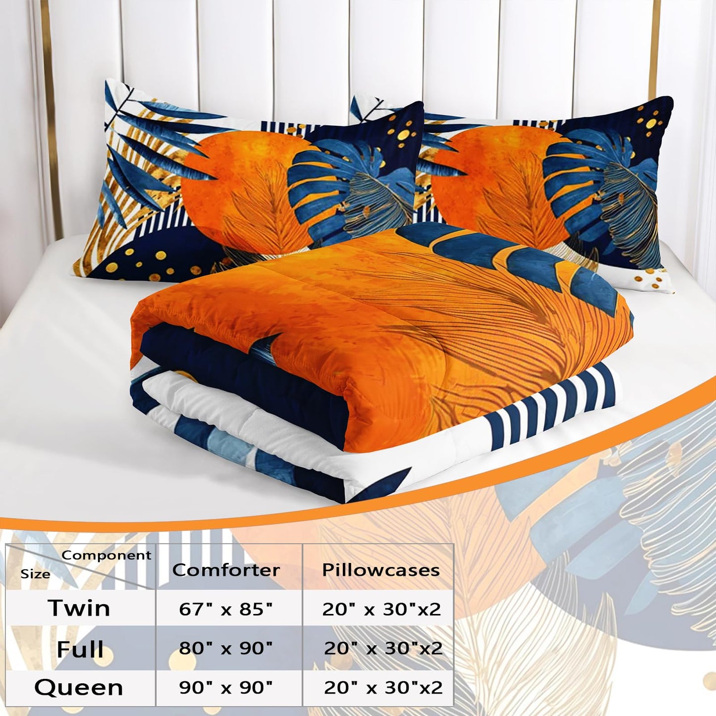 AILONEN Twin Comforter Set 3 Piece, Orange Sun Palm Bedding with 2 Pillowcases, Navy Geometric Cover for Kids Dorm Room