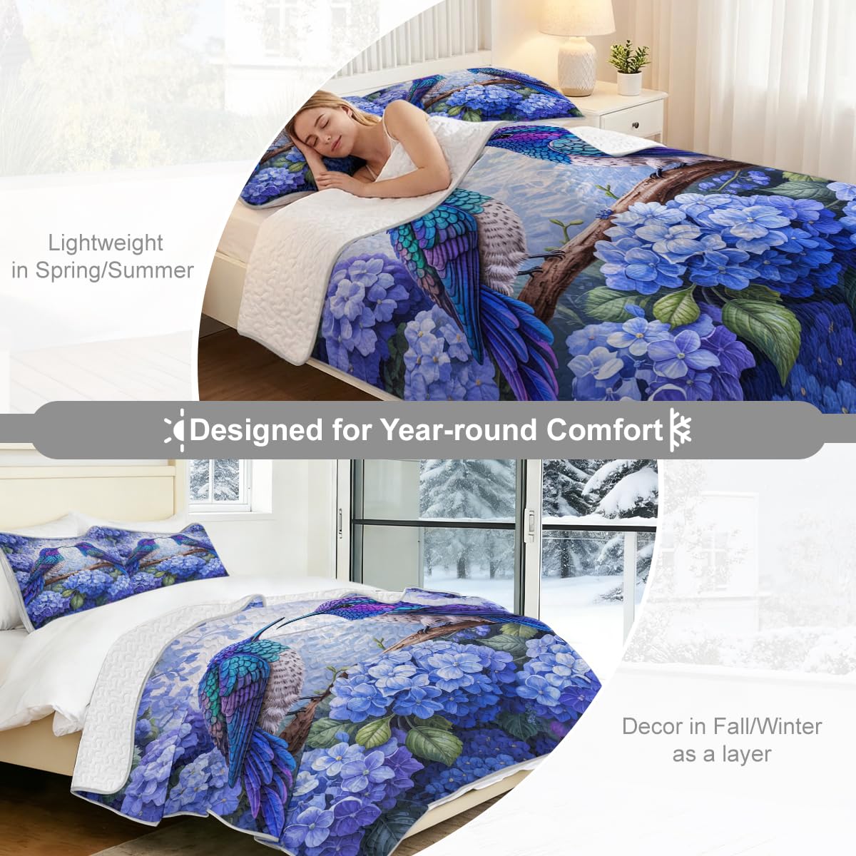 ARIGHTEX Flower Bird Quilt Set Queen Size Romantic Hydrangea Hummingbird Bedding Set Lightweight Botanical Quilt Soft Microfiber Bedspread Floral Coverlet Set with Pillow Shams