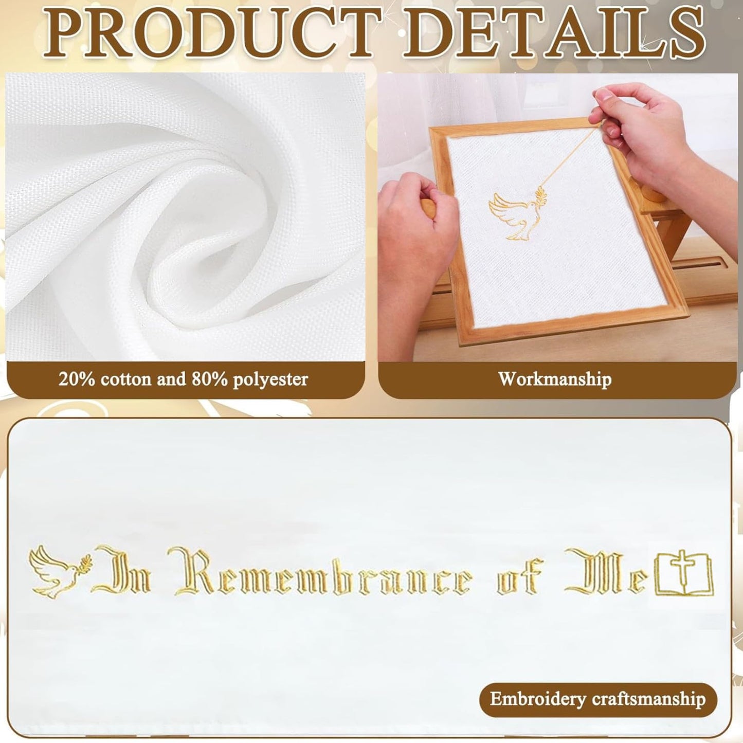 Large In Remembrance of Me Gold Thread Embroidery Altar Frontal Holy Communion Table Cloth Cover 96x52Inch White Rectangle Communion Table Cloth for Church for Gatherings Baptism Ceremonies(Gold)