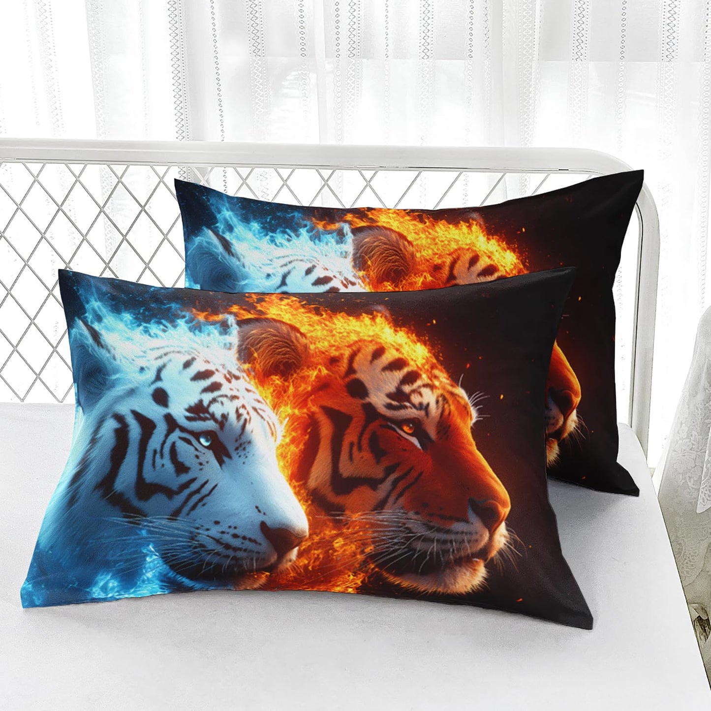 AILONEN Red Blue Fire Tiger Fitted Sheet Set Queen,Forest Wild Animal Deep Pocket Sheets with 2 Pillowcases,3D Tigers Printed Black Bed Sheet Set for Boys Girls,3-Piece